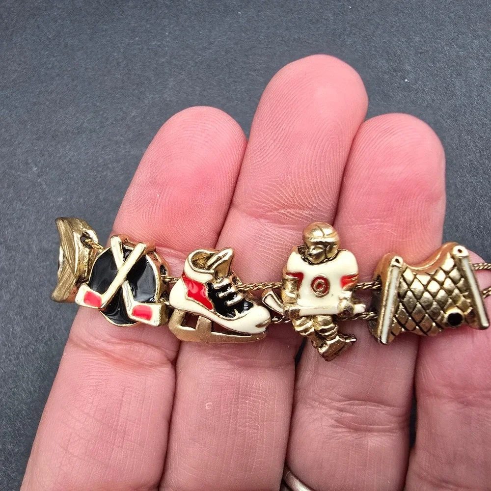Vintage Gold Tone Ice Hockey Charm Bracelet Enamel Skates Player Net 7.25 Inch